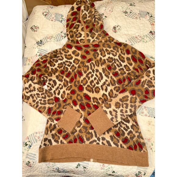VINTAGE DESIGNER ANIMAL PRINT LEOPARD CASHMERE HOODIE CARDIGAN SWEATER - Picture 5 of 5